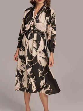 Donna Karan New York Women's Printed Tie-Neck Midi Dress Size 8